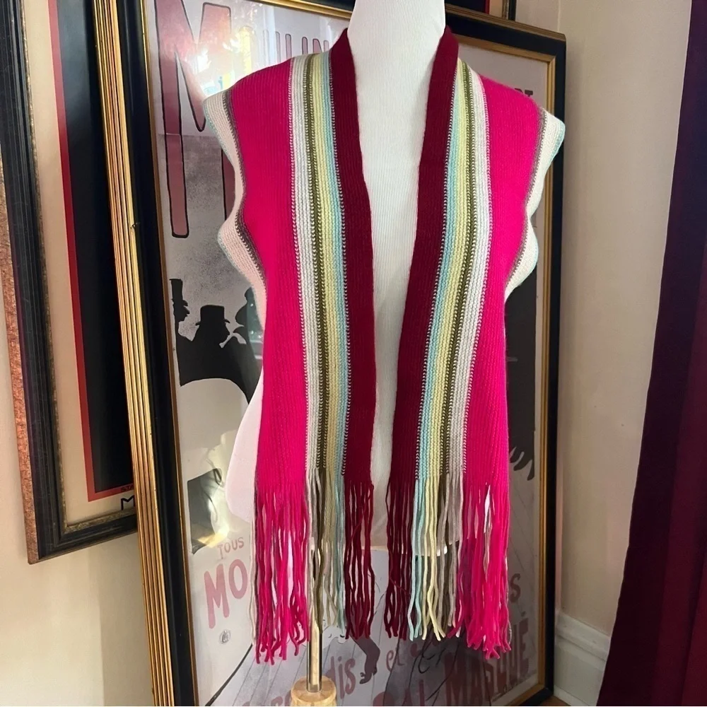 Jo Gordon Knit 100% Lambswool Striped Pink, Blue, Green, Blue Cream Fringe Scarf